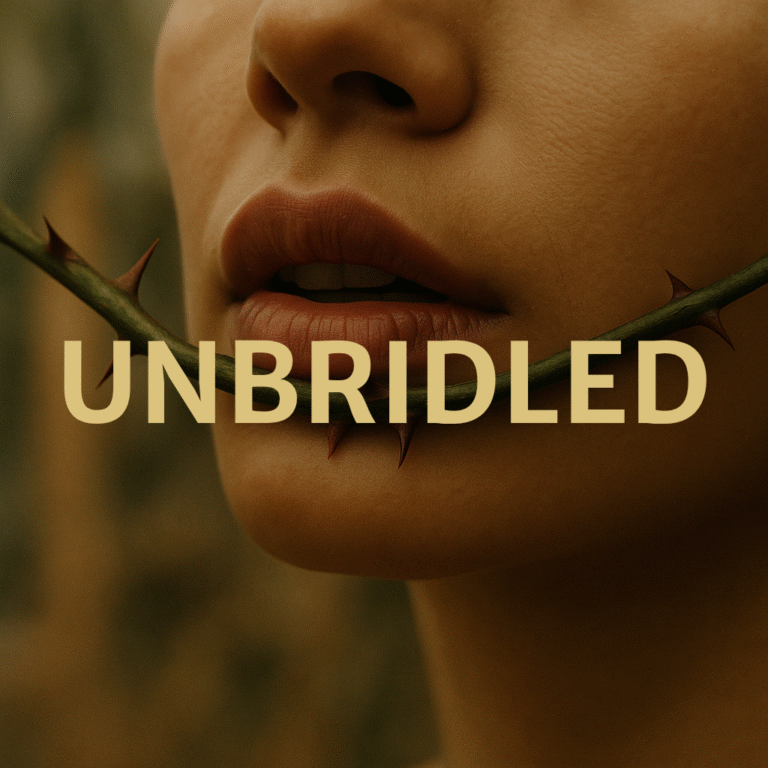 Close-up of a woman’s lips pressed against a thorny stem, symbolising pain and defiance, with the word “Unbridled” overlaid in bold letters.