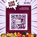 Poster with a light purple radial burst background and a maroon panel centred around a large QR code with the wrzky logo in the middle. A white comic-style burst at the top left reads “SCAN HERE.” To the right of the logo, text says “Keep Wanda fed, medicated, and able to sustain her work.” A row of fruits and vegetables spans the bottom. Contact details below include Mastodon (@wrzky@kolektiva.social), Bluesky (@wrzky.com), UpScrolled (@wrzky), and email (hi@wrzky.com).