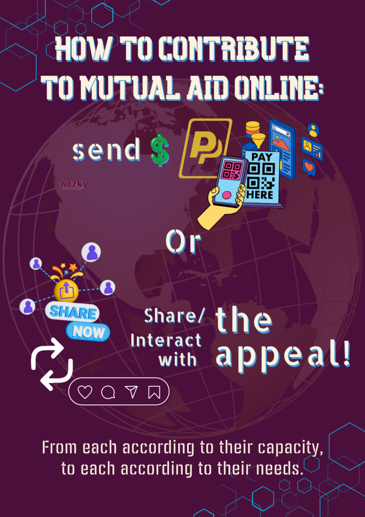 Purple poster with globe background and text reading “How to contribute to mutual aid online:” followed by options to send money or share and interact with the appeal. Includes payment icons, social media symbols, and the phrase “From each according to their capacity, to each according to their needs.” WRZKY logo on the left.