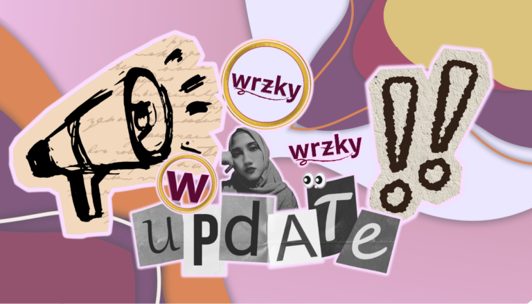 WRZKY official announcement cover featuring megaphone collage, pastel abstract background, and update lettering for Fediverse and mutual aid posts.