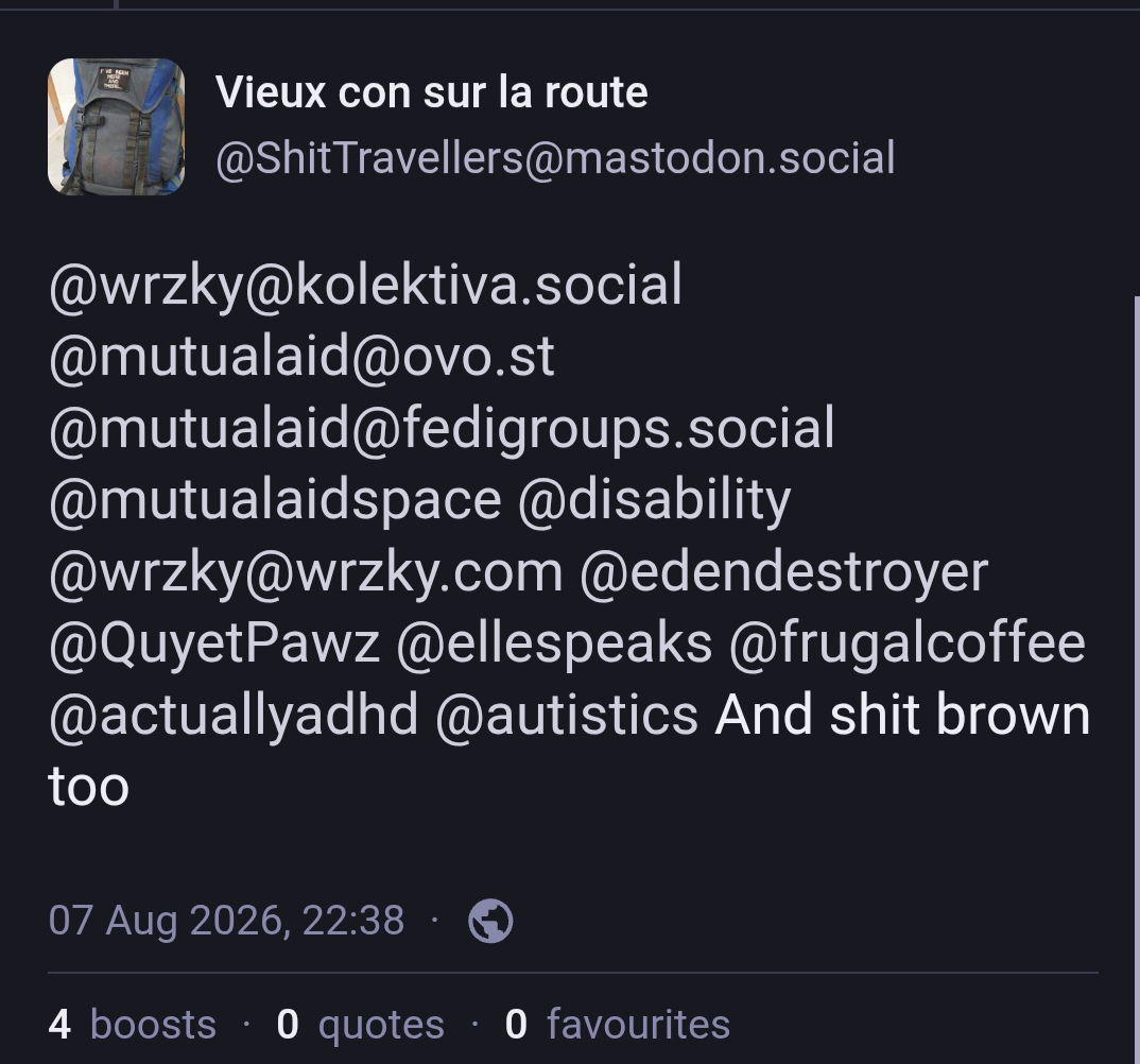 Screenshot of a Mastodon post by “Vieux con sur la route” (@ShitTravellers@mastodon.social). The post tags @wrzky@kolektiva.social, several mutual-aid, disability, and personal accounts, then says: “And shit brown too.” The post is dated 7 Aug 2026 at 22:38 and shows 4 boosts, 0 quotes, and 0 favourites.